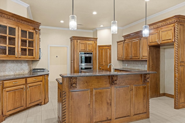 3600 Big Timber Ln, Granbury, TX 76049 - kitchen with appliances with stainless steel finishes, brown cabinetry, backsplash, dark stone countertops, and glass insert cabinets