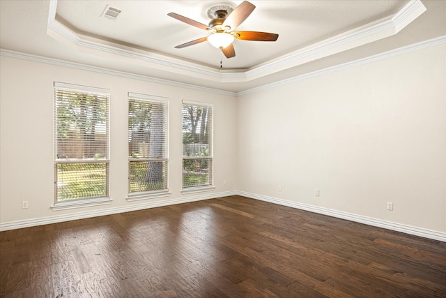 3600 Big Timber Ln, Granbury, TX 76049 - unfurnished room featuring a raised ceiling, ceiling fan, crown molding, dark wood-style floors, and baseboards