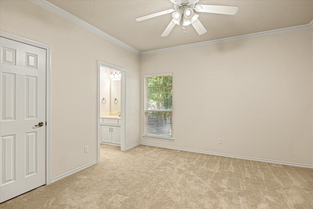 3600 Big Timber Ln, Granbury, TX 76049 - unfurnished bedroom with light carpet, crown molding, baseboards, ensuite bathroom, and ceiling fan