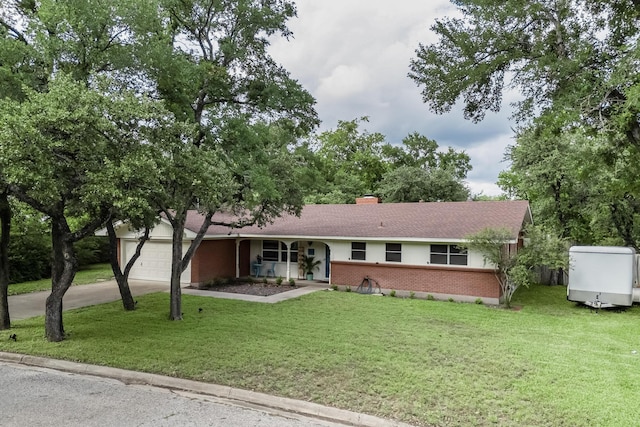 204 Cacti Dr, Lakeside, TX 76108 - ranch-style house with brick siding, a garage, a front lawn, concrete driveway, and a chimney