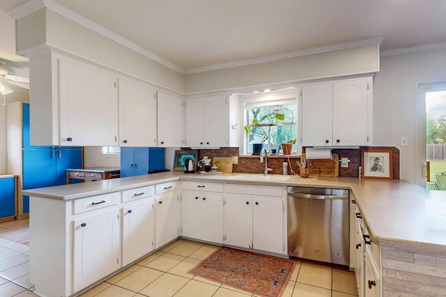 204 Cacti Dr, Lakeside, TX 76108 - kitchen featuring dishwasher, a peninsula, a sink, decorative backsplash, and ornamental molding