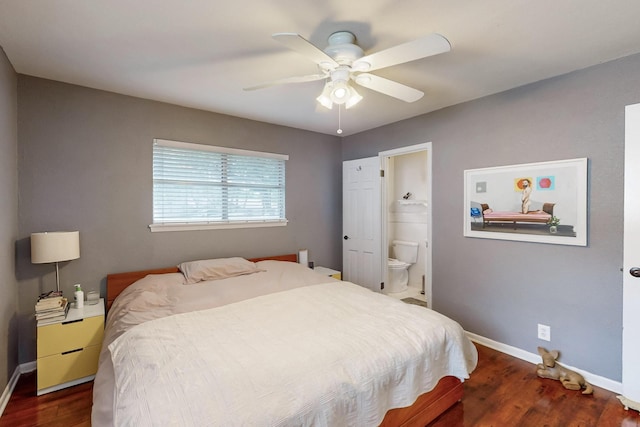 204 Cacti Dr, Lakeside, TX 76108 - bedroom with baseboards, dark wood finished floors, connected bathroom, and a ceiling fan