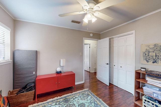 204 Cacti Dr, Lakeside, TX 76108 - bedroom with wood finished floors, ornamental molding, a closet, a ceiling fan, and an office area
