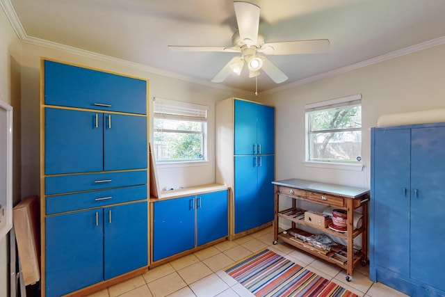204 Cacti Dr, Lakeside, TX 76108 - miscellaneous room featuring healthy amount of natural light, ornamental molding, a ceiling fan, and light tile patterned floors