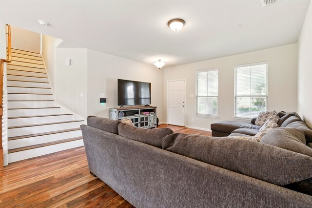 2901 Coyote Canyon Trl, Fort Worth, TX 76108 - living room featuring wood finished floors, stairs, and baseboards