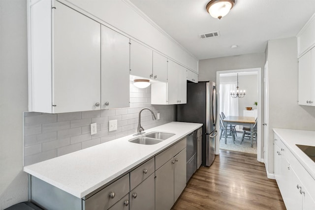 2808 Wren Ave, Fort Worth, TX 76133 - kitchen featuring a sink, backsplash, white cabinetry, light countertops, and appliances with stainless steel finishes