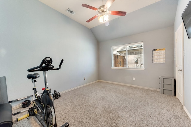 3113 Summer Dr, Little Elm, TX 75068 - workout room with carpet floors, vaulted ceiling, a ceiling fan, and baseboards
