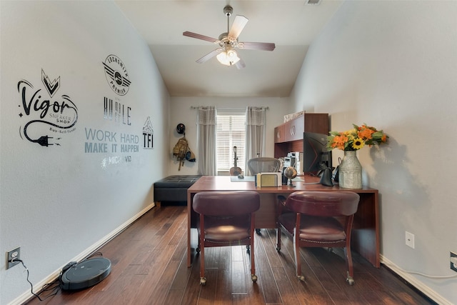 3113 Summer Dr, Little Elm, TX 75068 - home office with lofted ceiling, dark wood-type flooring, a ceiling fan, and baseboards