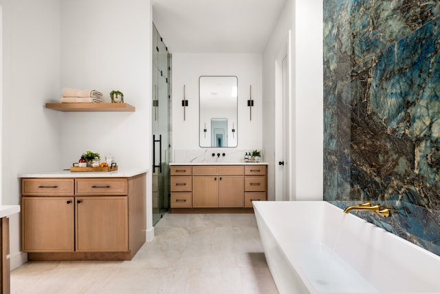 13845 Peyton Dr, Dallas, TX 75240 - full bathroom featuring vanity, a freestanding bath, and a stall shower