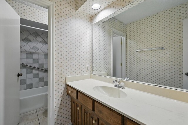 220 Simmons Dr, Coppell, TX 75019 - bathroom featuring wallpapered walls, vanity, shower / bath combination with curtain, and tile patterned flooring