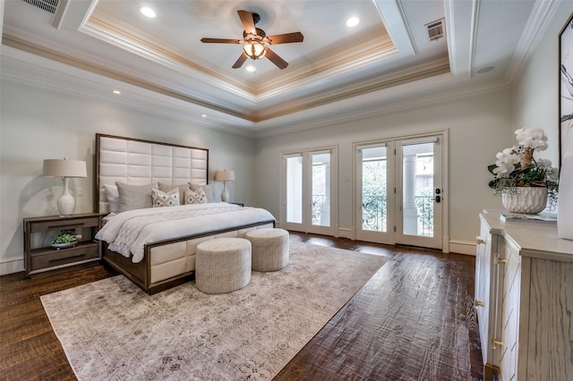 4012 Colgate Ave, University Park, TX 75225 - bedroom featuring a raised ceiling, access to outside, crown molding, dark wood-style flooring, and baseboards