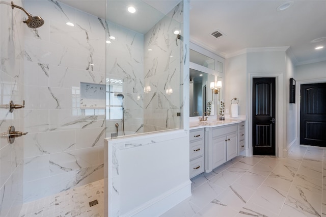 4012 Colgate Ave, University Park, TX 75225 - bathroom featuring vanity, a marble finish shower, crown molding, and recessed lighting