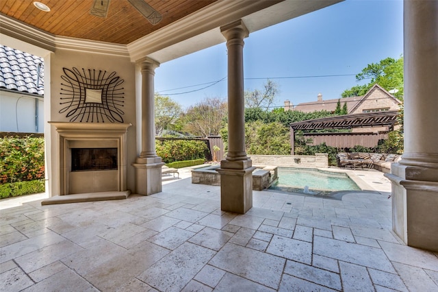 4012 Colgate Ave, University Park, TX 75225 - view of patio with an outdoor fireplace, ceiling fan, and a jacuzzi