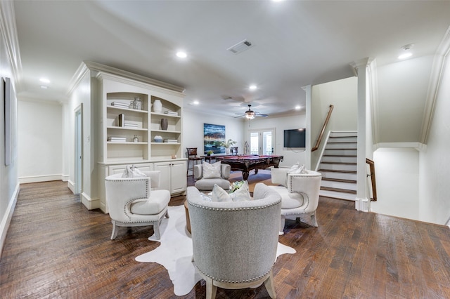4012 Colgate Ave, University Park, TX 75225 - living room with stairs, dark wood-style flooring, ceiling fan, recessed lighting, and ornamental molding