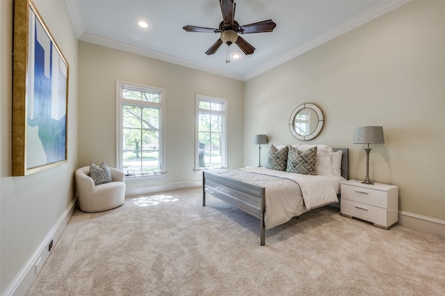 4012 Colgate Ave, University Park, TX 75225 - carpeted bedroom with ornamental molding, recessed lighting, baseboards, and ceiling fan