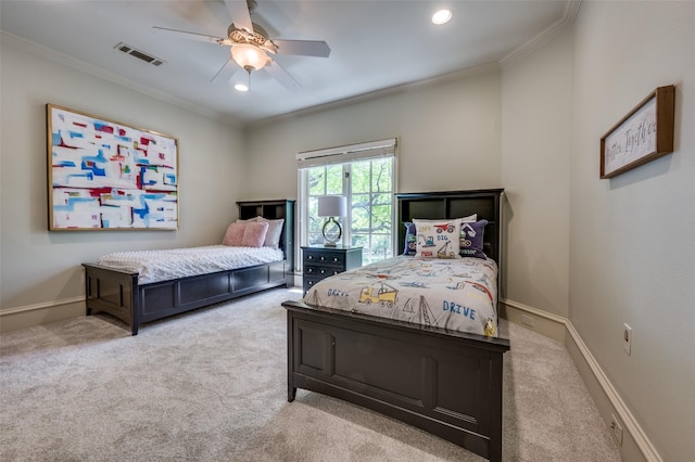 4012 Colgate Ave, University Park, TX 75225 - carpeted bedroom featuring crown molding, recessed lighting, ceiling fan, and baseboards