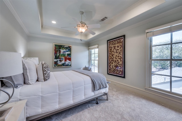 4012 Colgate Ave, University Park, TX 75225 - carpeted bedroom featuring a tray ceiling, crown molding, ceiling fan, and recessed lighting