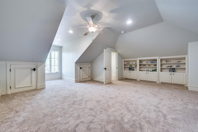 4012 Colgate Ave, University Park, TX 75225 - additional living space with vaulted ceiling, ceiling fan, light colored carpet, recessed lighting, and built in features
