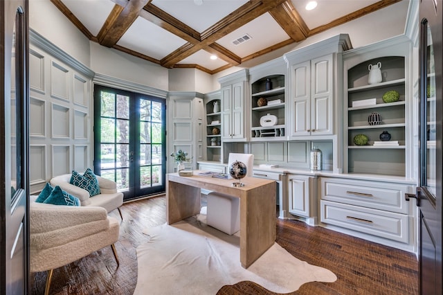 4012 Colgate Ave, University Park, TX 75225 - home office featuring french doors, dark wood-style flooring, coffered ceiling, beamed ceiling, and a decorative wall