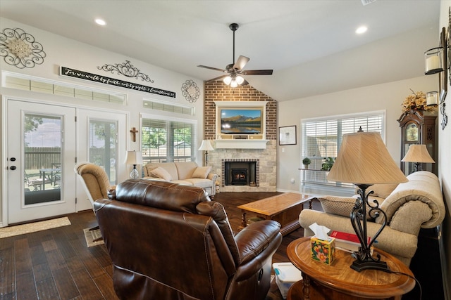768 Northside Dr, Pilot Point, TX 76258 - living area featuring lofted ceiling, ceiling fan, a fireplace, healthy amount of natural light, and dark wood-style flooring