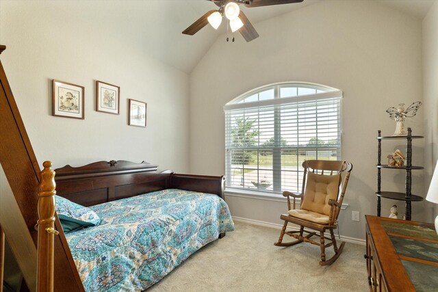 768 Northside Dr, Pilot Point, TX 76258 - bedroom with light colored carpet, baseboards, high vaulted ceiling, and ceiling fan