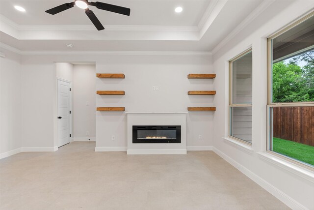 5627 Barkridge Dr, Granbury, TX 76048 - unfurnished living room featuring ornamental molding, a ceiling fan, a glass covered fireplace, recessed lighting, and a tray ceiling
