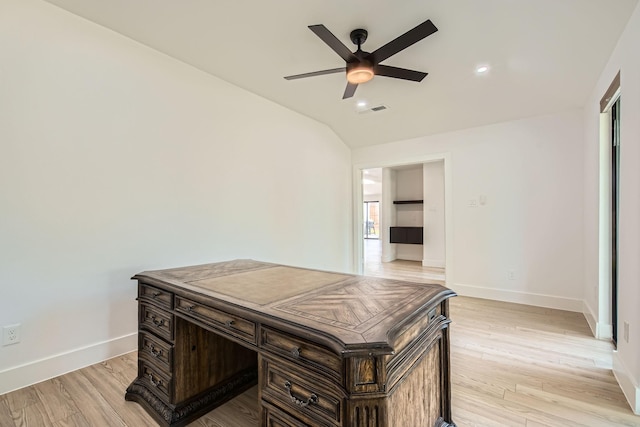 16212 Spring Creek Rd, Dallas, TX 75248 - office space featuring ceiling fan, baseboards, lofted ceiling, light wood-style floors, and recessed lighting