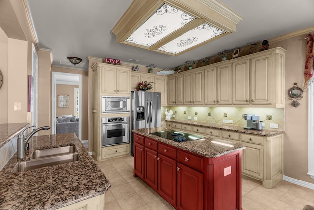 7904 Linksview Dr, Mckinney, TX 75072 - kitchen with stainless steel appliances, a sink, tasteful backsplash, a kitchen island, and light tile patterned floors