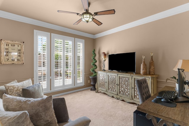 7904 Linksview Dr, Mckinney, TX 75072 - living area featuring ornamental molding, carpet floors, ceiling fan, and wainscoting