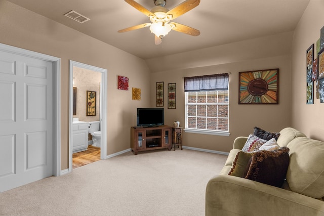 7904 Linksview Dr, Mckinney, TX 75072 - living room featuring light colored carpet, ceiling fan, and baseboards