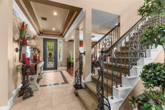 7904 Linksview Dr, Mckinney, TX 75072 - entrance foyer with baseboards, tile patterned flooring, crown molding, stairway, and recessed lighting
