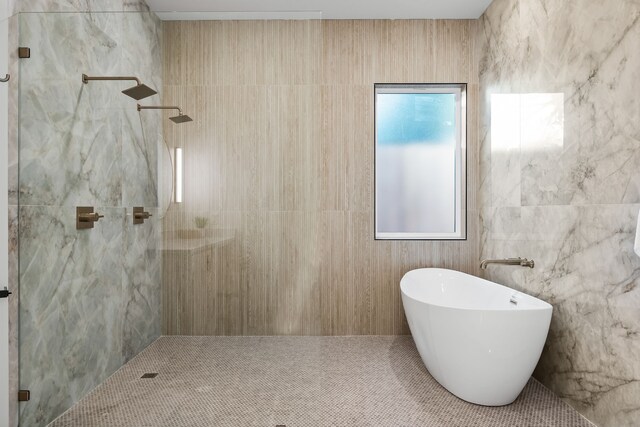 3940 N Cresthaven, Dallas, TX 75209 - bathroom with tiled shower and a freestanding bath