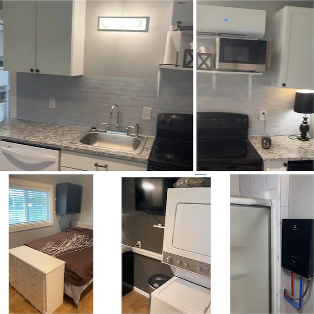 1430 Rs County Road 1605, Point, TX 75472 - kitchen with a sink, stacked washer and clothes dryer, stainless steel microwave, tasteful backsplash, and white dishwasher