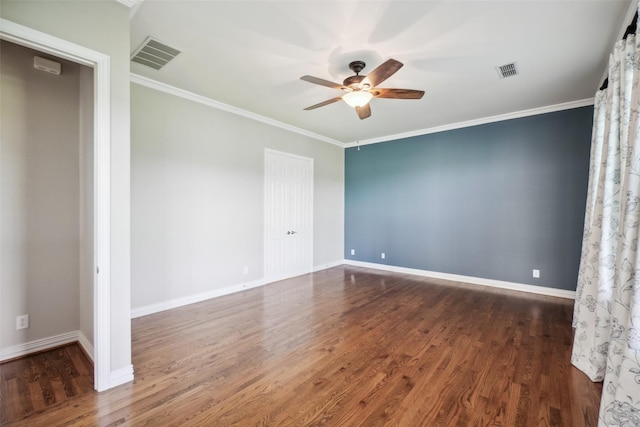 8304 Old Hickory Ln, Mckinney, TX 75072 - empty room featuring a ceiling fan, wood finished floors, baseboards, and crown molding