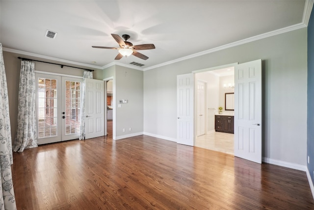 8304 Old Hickory Ln, Mckinney, TX 75072 - unfurnished bedroom featuring french doors, access to exterior, wood finished floors, baseboards, and ornamental molding