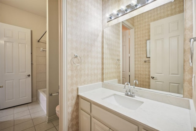 8304 Old Hickory Ln, Mckinney, TX 75072 - bathroom with tile patterned floors, wallpapered walls, vanity, toilet, and shower / washtub combination