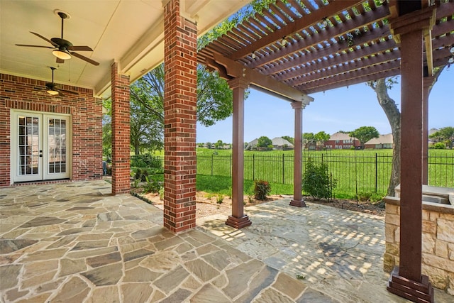 8304 Old Hickory Ln, Mckinney, TX 75072 - view of patio / terrace with french doors, a pergola, and a ceiling fan