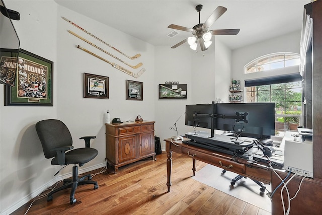14708 Myrtle Beach Ln, Frisco, TX 75035 - office featuring wood finished floors, ceiling fan, and baseboards