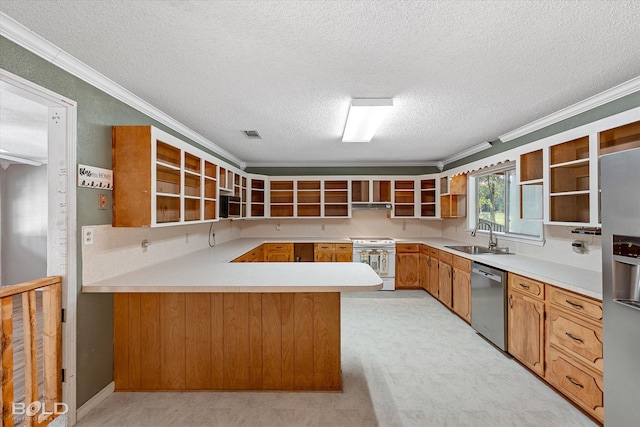 4382 Circle Square Dr, Mooringsport, LA 71060 - kitchen with stainless steel appliances, open shelves, a sink, crown molding, and a textured ceiling