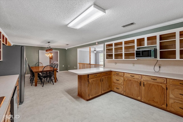4382 Circle Square Dr, Mooringsport, LA 71060 - kitchen featuring open shelves, appliances with stainless steel finishes, ornamental molding, a peninsula, and a textured ceiling