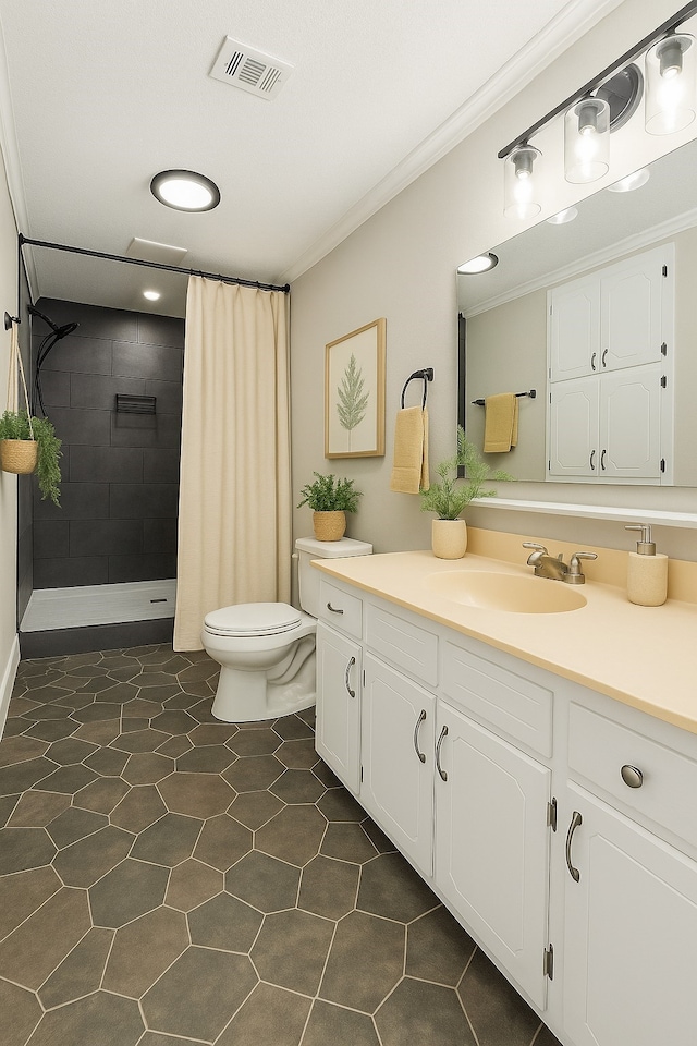 4382 Circle Square Dr, Mooringsport, LA 71060 - full bathroom featuring vanity, toilet, tiled shower, and crown molding