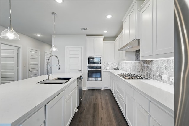 6133 Poolside Way, Royse City, TX 75189 - kitchen featuring a sink, appliances with stainless steel finishes, under cabinet range hood, white cabinets, and recessed lighting