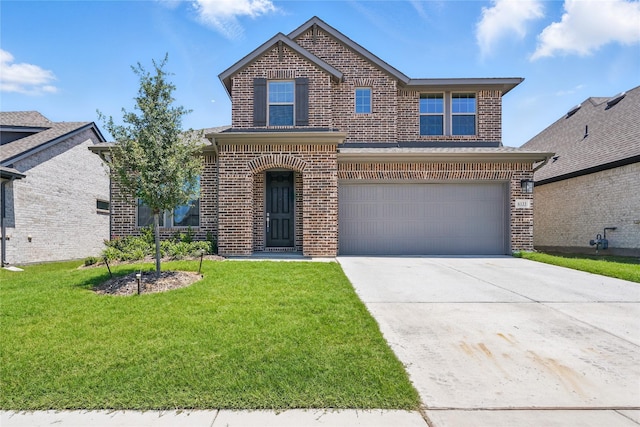 6133 Poolside Way, Royse City, TX 75189 - traditional-style house featuring brick siding, an attached garage, a front yard, and driveway