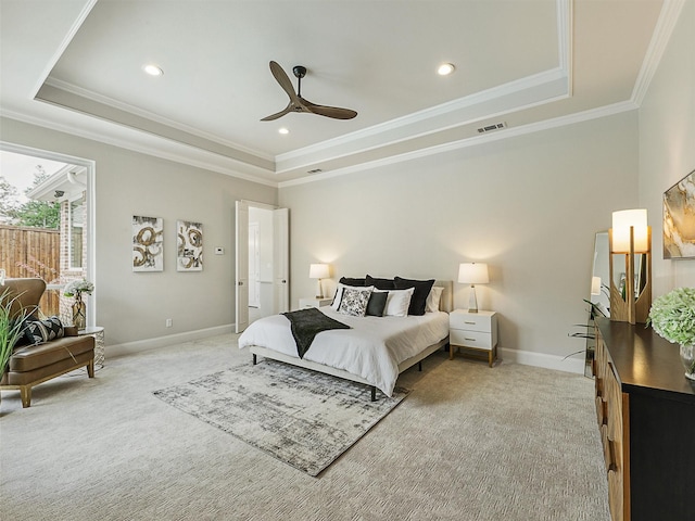 4033 Oakhaven Dr, Plano, TX 75093 - bedroom with a raised ceiling, light carpet, ornamental molding, baseboards, and recessed lighting