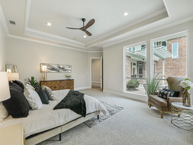 4033 Oakhaven Dr, Plano, TX 75093 - carpeted bedroom featuring a tray ceiling, crown molding, baseboards, recessed lighting, and ceiling fan