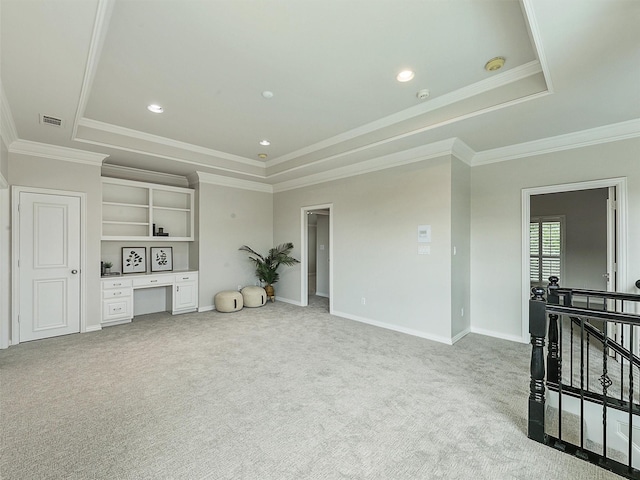 4033 Oakhaven Dr, Plano, TX 75093 - unfurnished living room with a raised ceiling, carpet flooring, ornamental molding, baseboards, and recessed lighting
