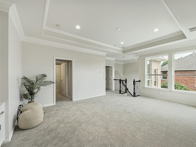 4033 Oakhaven Dr, Plano, TX 75093 - unfurnished room featuring a raised ceiling, light colored carpet, baseboards, ornamental molding, and recessed lighting