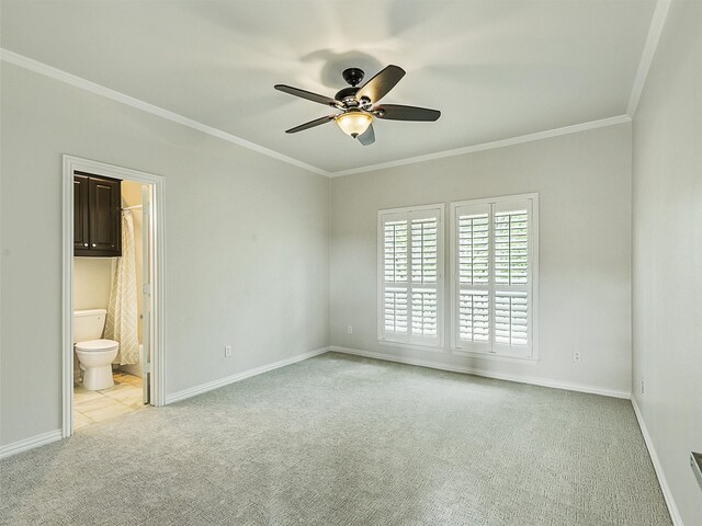 4033 Oakhaven Dr, Plano, TX 75093 - unfurnished bedroom with carpet, ornamental molding, baseboards, ensuite bath, and ceiling fan