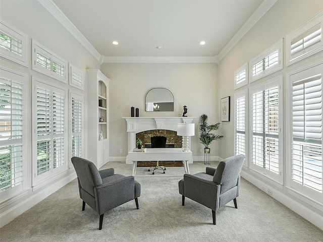 4033 Oakhaven Dr, Plano, TX 75093 - living room featuring light carpet, crown molding, a fireplace, baseboards, and recessed lighting