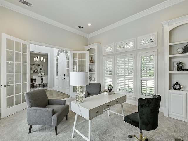 4033 Oakhaven Dr, Plano, TX 75093 - carpeted home office featuring crown molding, a chandelier, recessed lighting, built in shelves, and baseboards